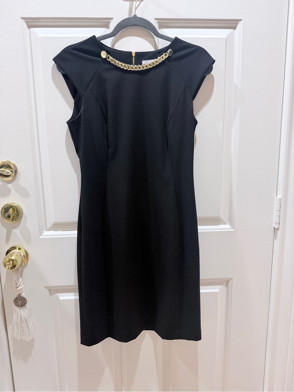 Calvin Klein Black Mini Dress with Gold Chain Accent